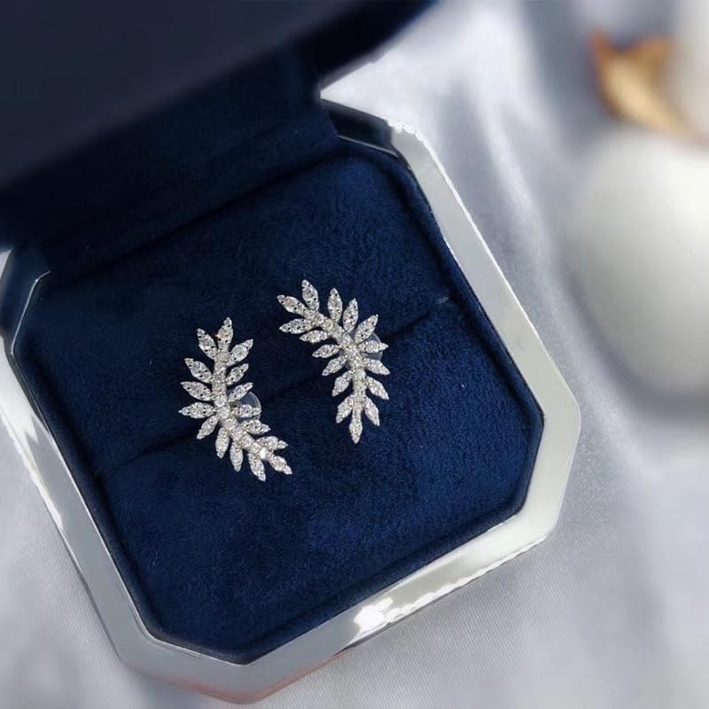 Sdouefos Store Women's Cubic Zirconia Elegant Bridal Floral Leaf Pierced Stud Earrings 14K Gold Plated Sterling Silver Post Brilliant Branch Faux Diamond Halo Earrings - Image 3